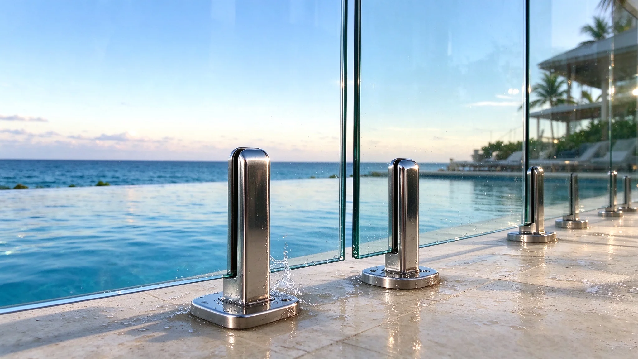 316 stainless steel glass railing spigots beside a coastal swimming pool
