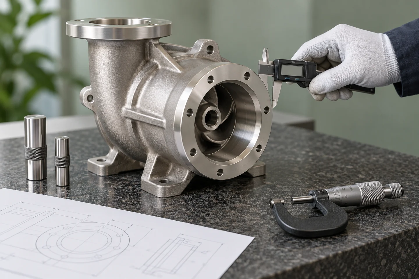 Cast housing with dimensional measuring tools on an inspection surface