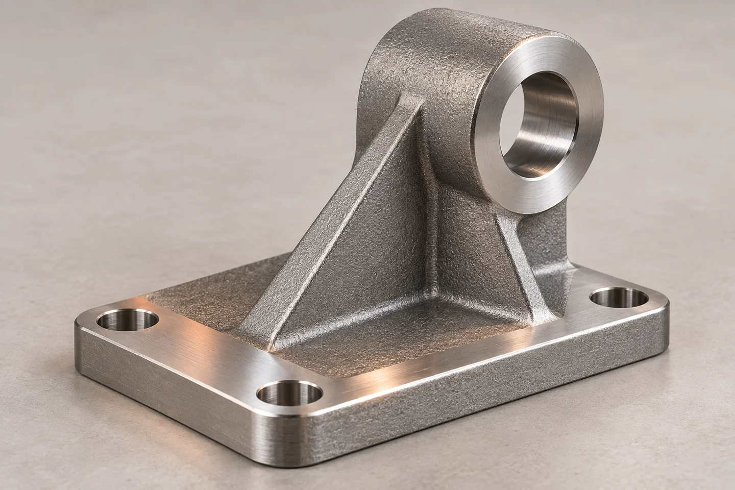 Cast stainless steel bracket with a machined base and precision bore