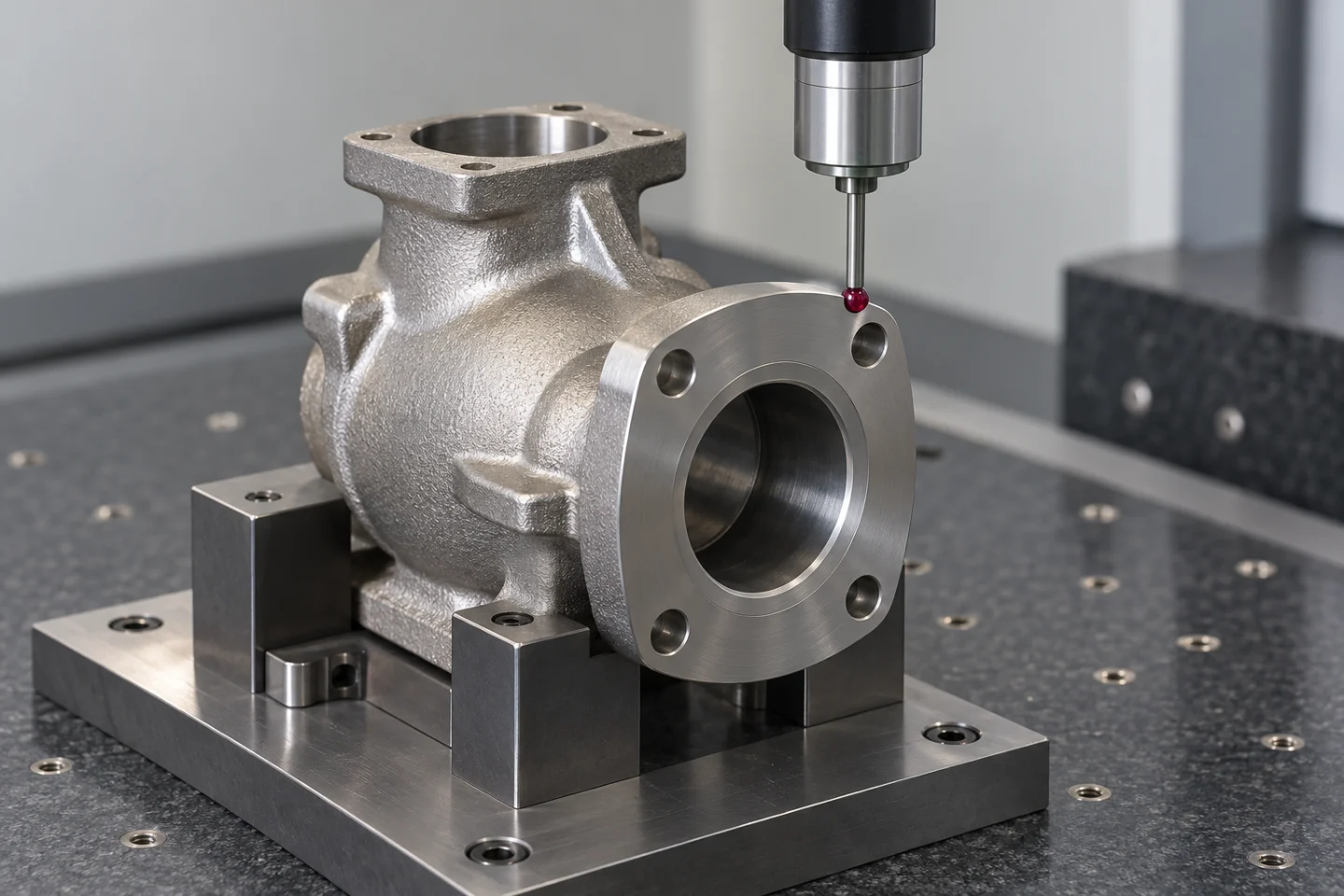 Coordinate measuring machine probe inspecting the machined flange of a stainless steel investment casting