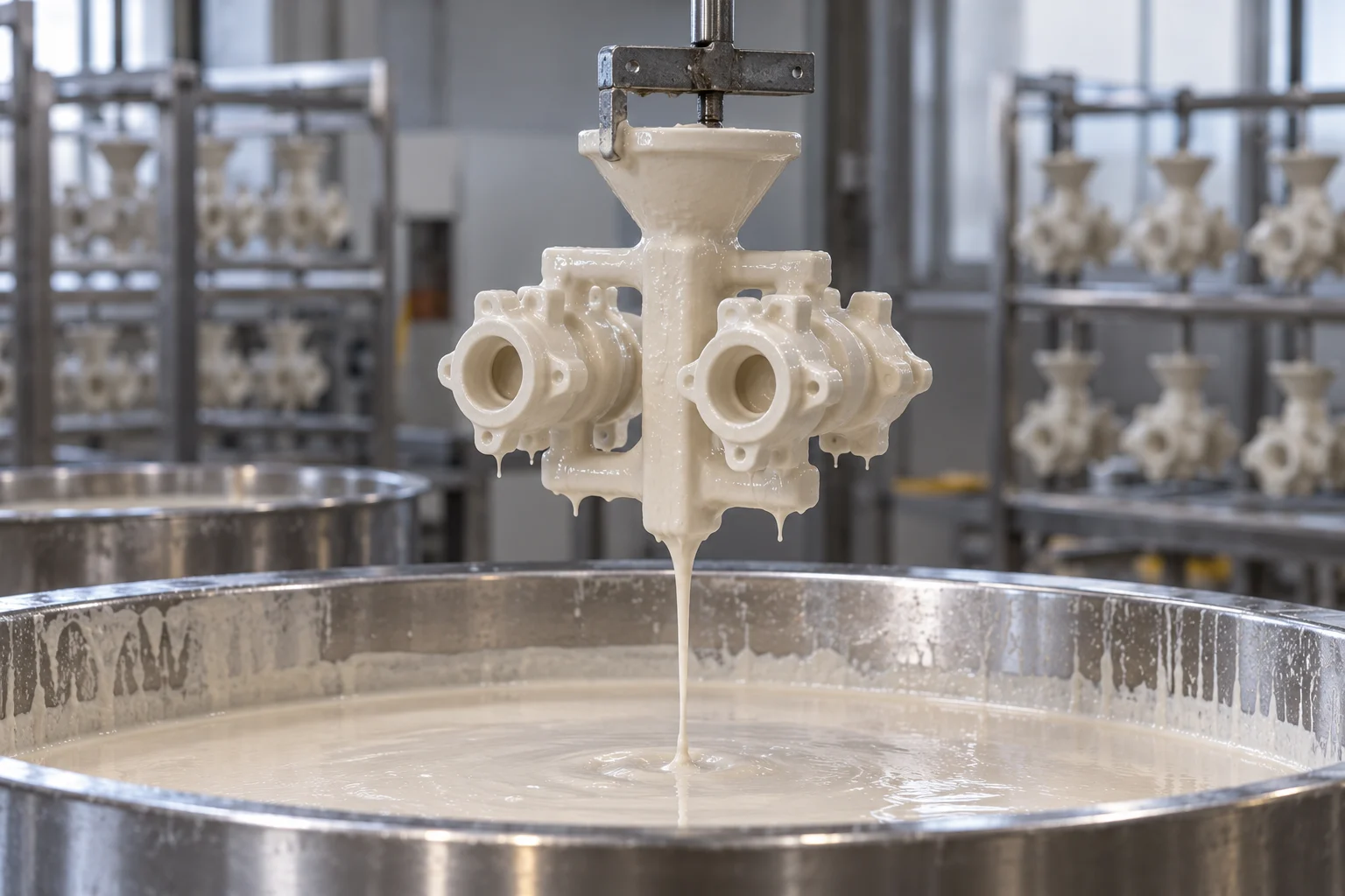 Ceramic-coated wax assembly draining above a silica-sol slurry tank; process illustration