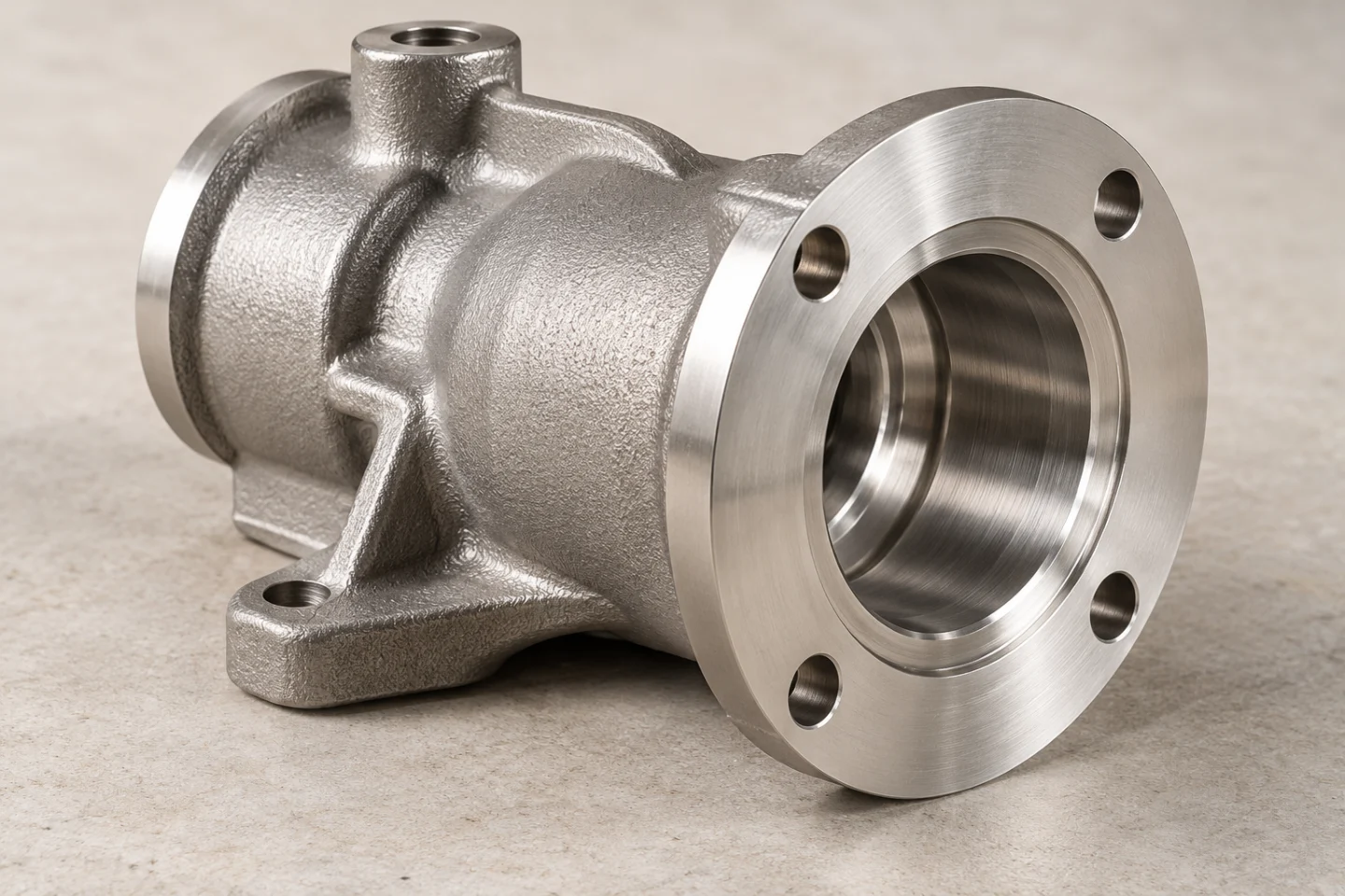 Stainless steel cast housing with a textured outer wall and smooth machined flange, bore and bolt holes