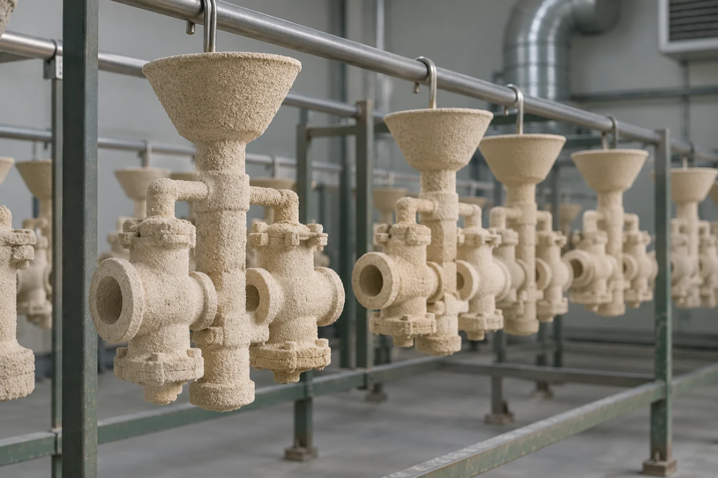 Beige ceramic shell assemblies hanging separately on a drying rack in a controlled shell room