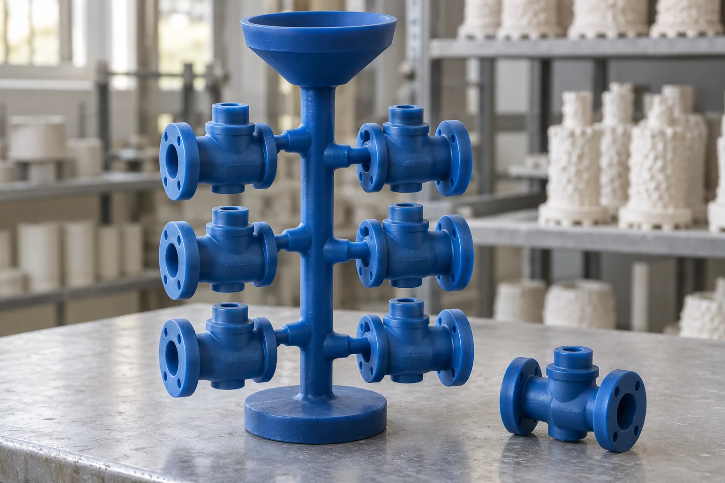 Blue wax valve patterns attached to a central runner and pouring cup before ceramic shell building