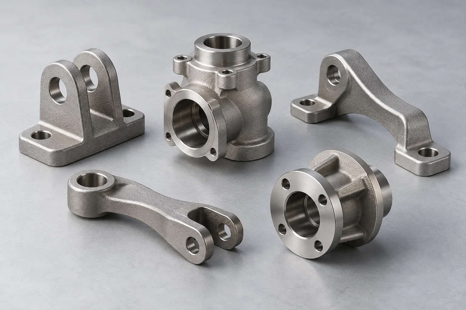 AI-generated concept illustration of stainless steel cast brackets, a housing and a flanged coupling