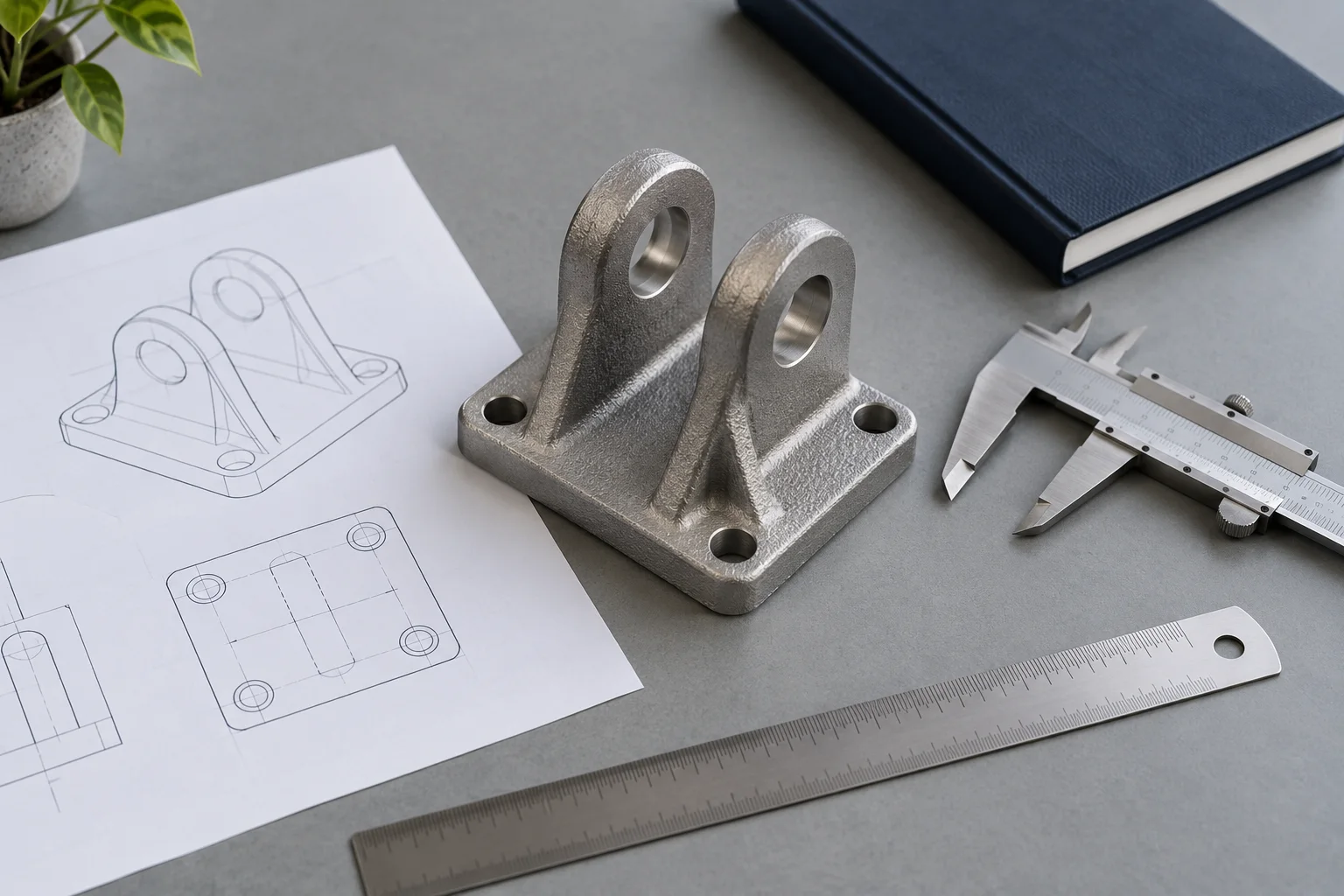 AI-generated editorial illustration of a cast bracket, engineering drawing and measuring tools