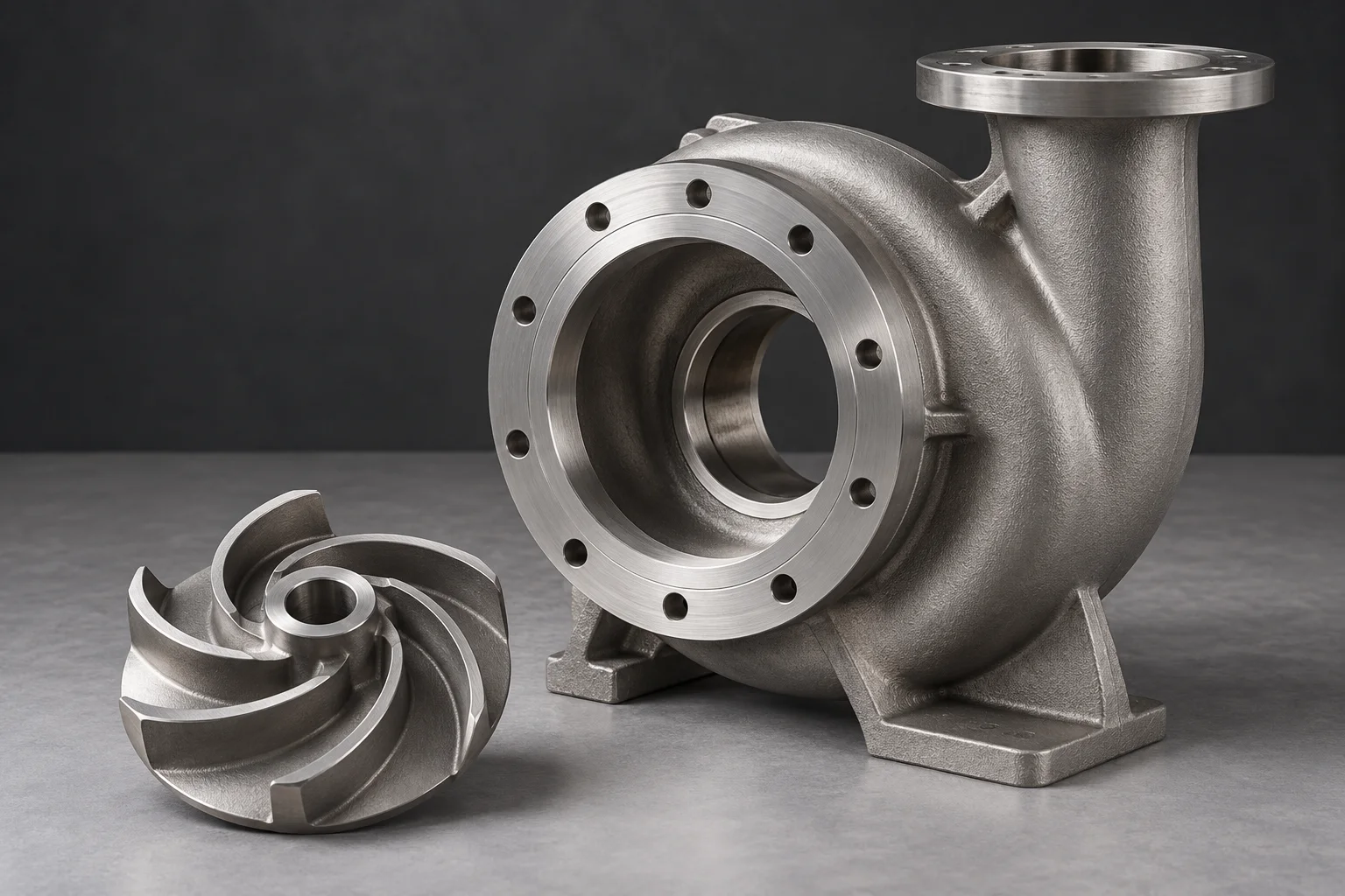 AI-generated concept illustration of a cast pump casing and impeller